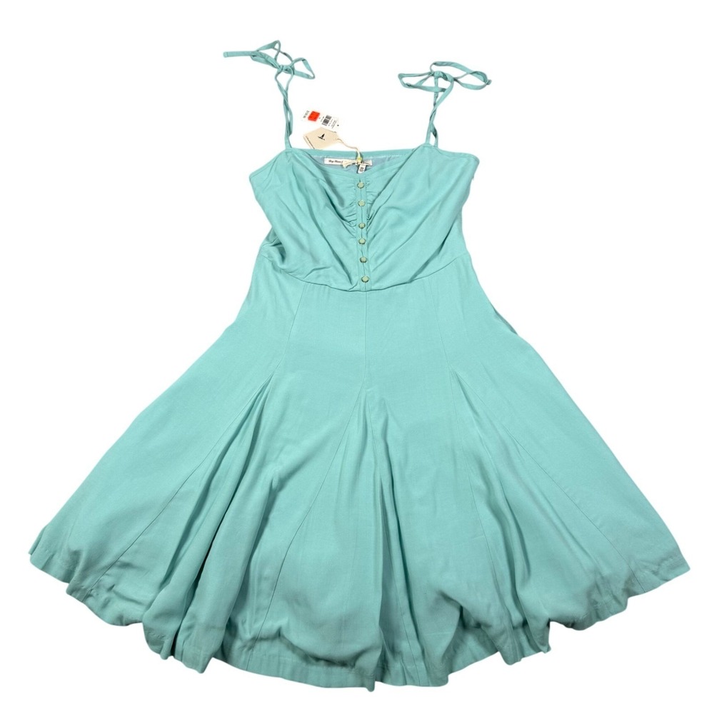 LL Bean Signature Mint Blue Rayon Sundress Tie Strap Ruched Fit Flare Dress 10